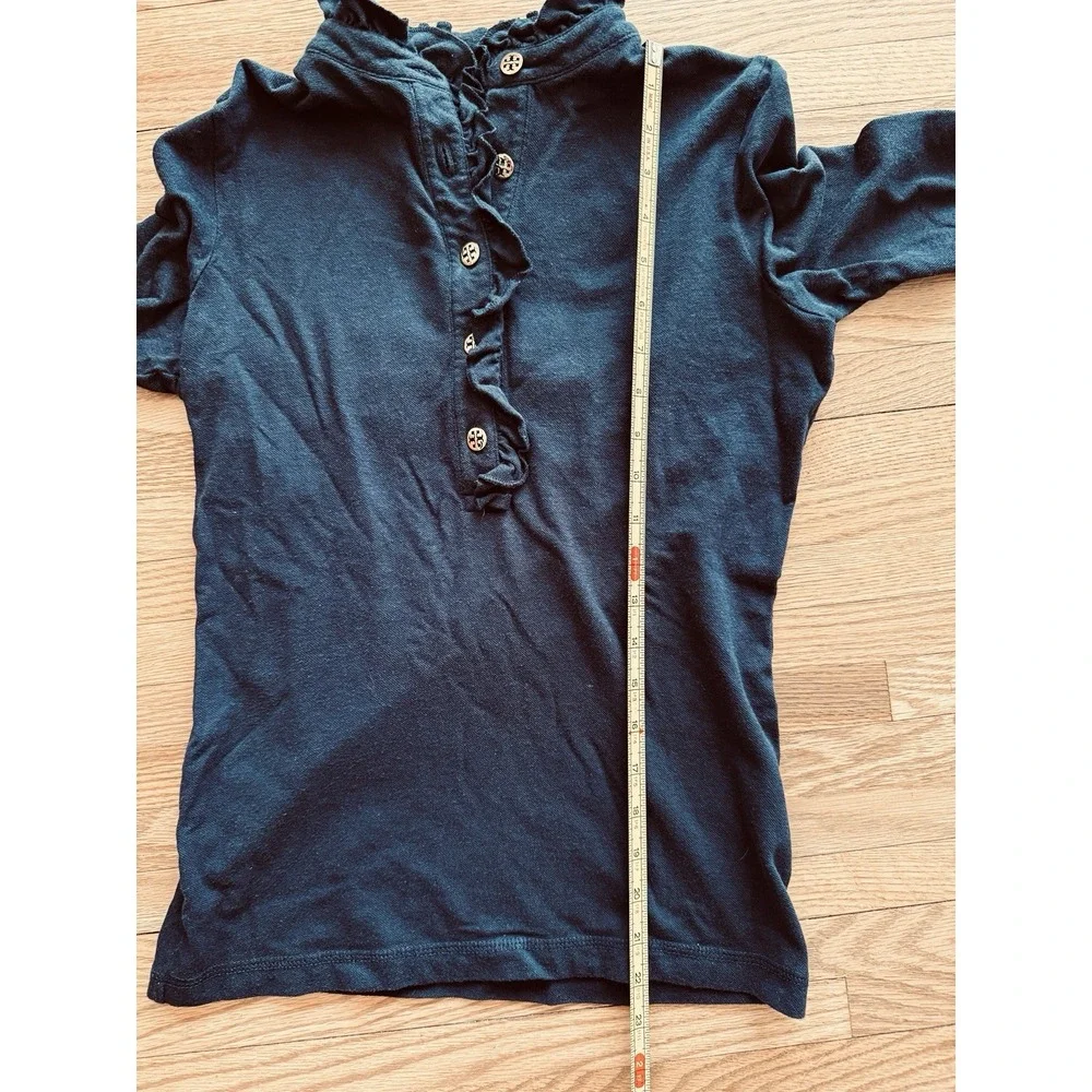 Tory Burch Navy Blue Pima Cotton Ruffle Henley LS Small Top Gold Logo Buttons